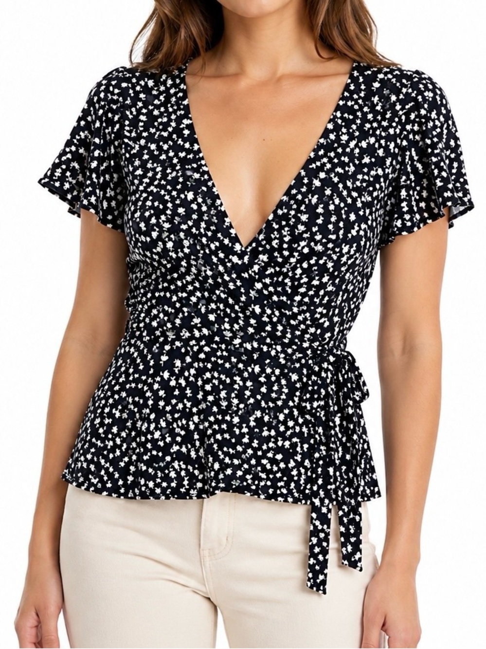 AUW 2X Black White Floral Wrap Front Tie Waist Short Sleeve Blouse Plus Size